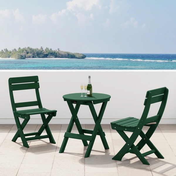 bistro set, outdoor table, outdoor chairs, patio furniture, folding table, balcony set, product demo, lifestyle, calm, green, neutral, blue
